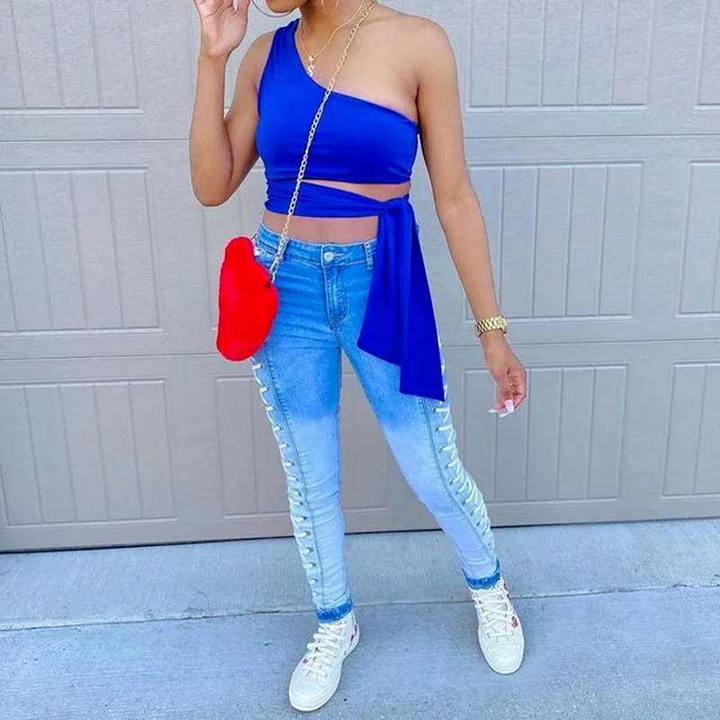 Bandage Jeans High Waist Clothes Pencil Denim Clothing Blue Streetwear Vintage 2021 Fashion Harajuku Skinny Pants Lace-up Pants