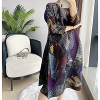 miyake pleated dress for women 2022 spring and summer print mid length 34 sleeve loose large sized dress vestidos de mujer