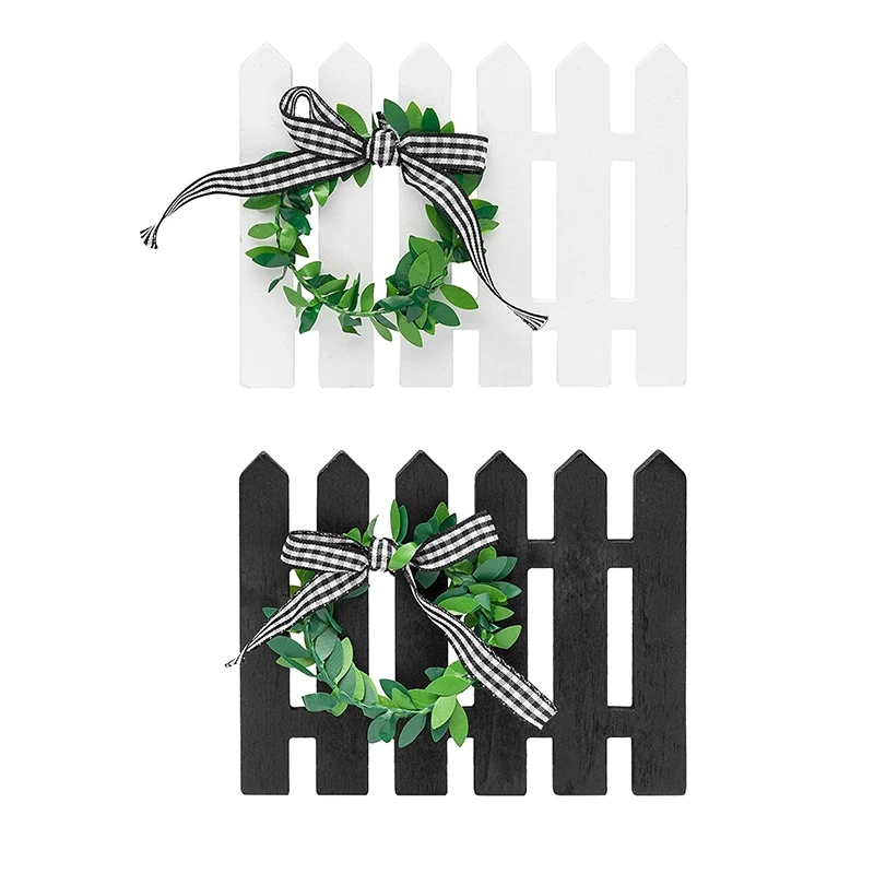 

2Pcs Farmhouse Wooden Picket Fence Tiered Tray Decoration Frame Black&White Plaid Mini Wooden Fence Shaped Sign Decor