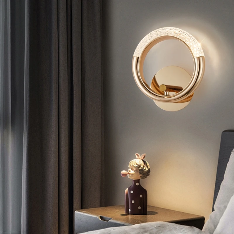 

Nordic Light Luxury Gold Round Ring LED Crystal Wall Lamps Creative Fashion Kitchen Living Room Bedroom Bedside Shiny Lighting