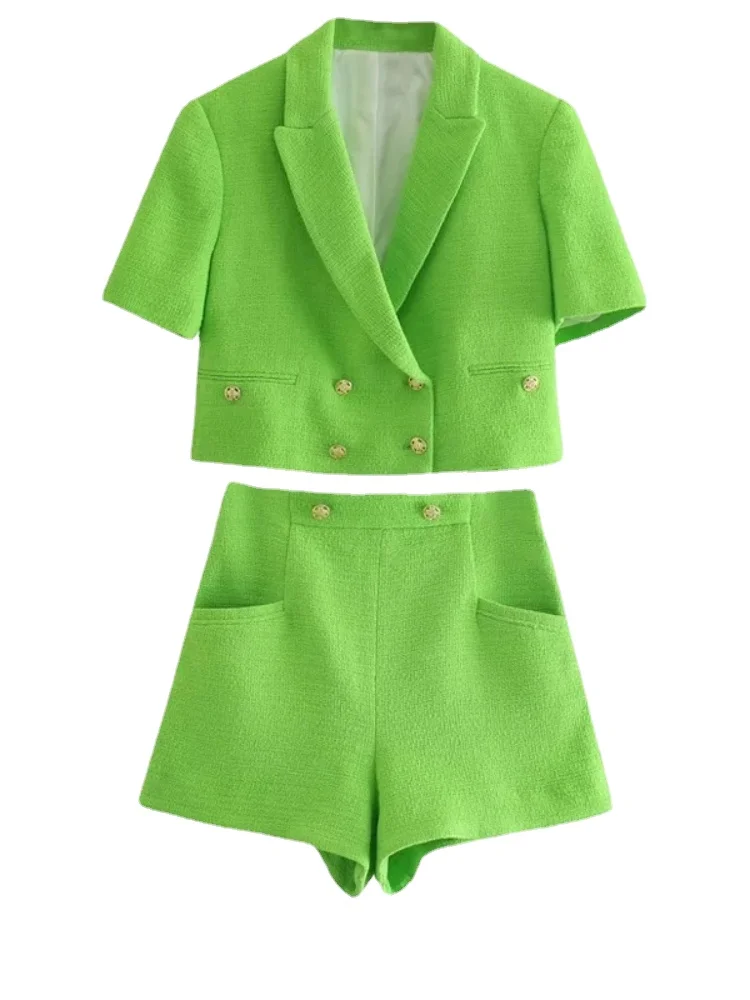 

Spring Summer Fashion Temperament Small Fragrance Double Breasted Short Sleeved Casual Shorts Set 2 Piece Sets Womens Outfits