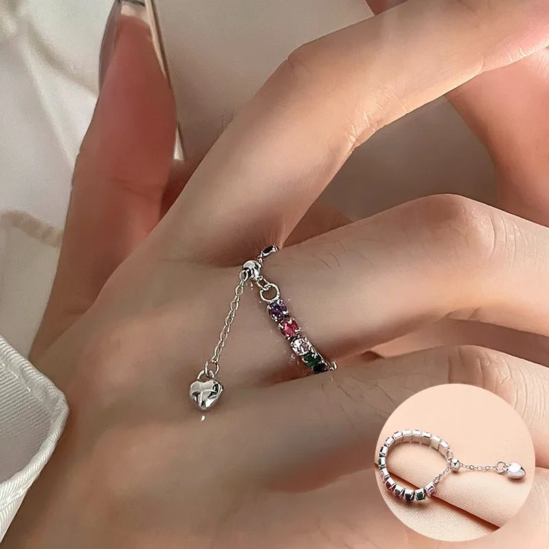 

100% 925 Sterling Silver Zircon Geometric Rings for Women Girl Love Heart Design Adjustable Jewelry Party Gift Dropshipping