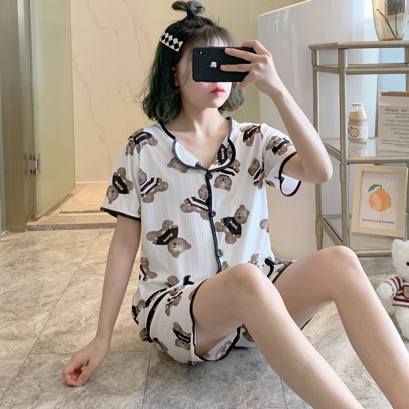 3 Pieces Set Sleepwears for Women Bear Cartoon Tops with Pants Shorts Summer Casual Pijama Korea Style Homewear Clothes Pajamas
