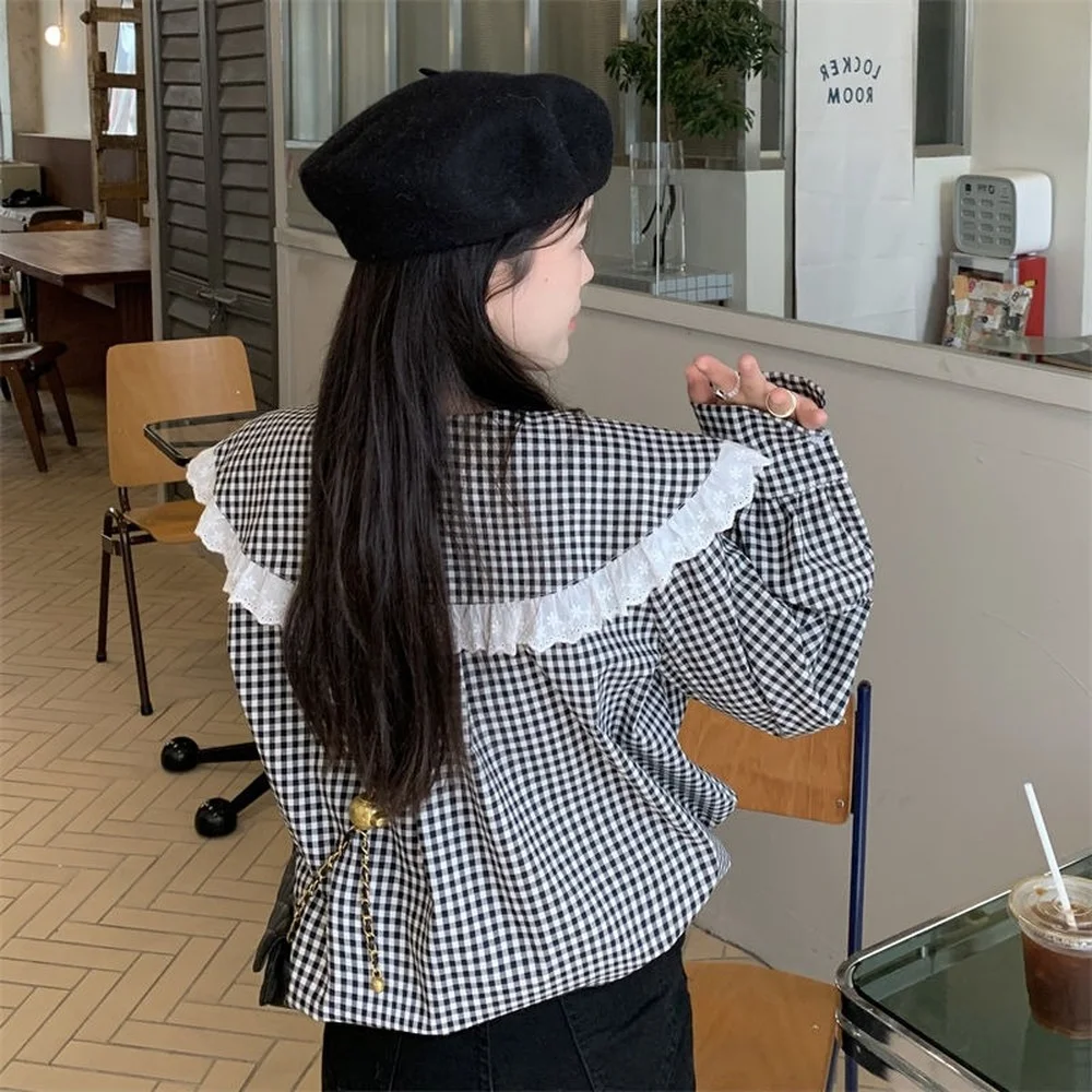Женские топы контрастная клетчатая белая кружевная Женская Тонкая блузка с