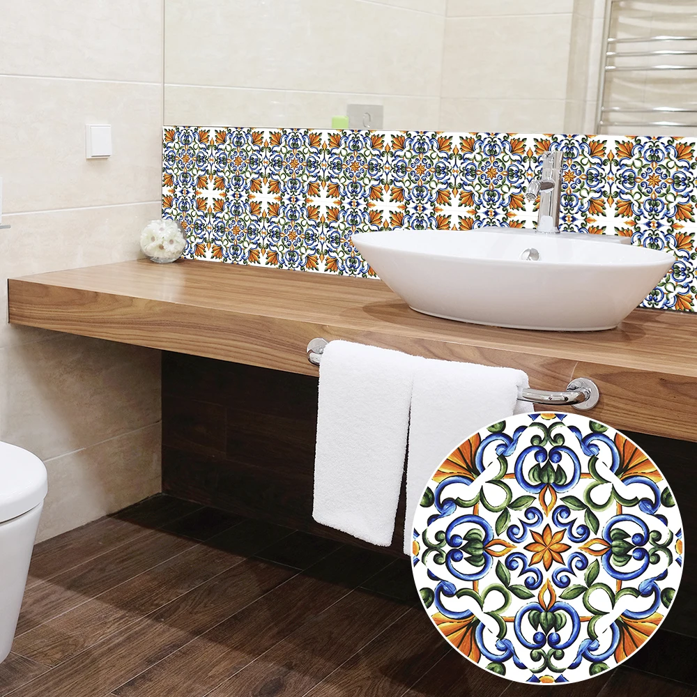 

Spanish Style Watercolor Floral Tiles Wall Sticker Kitchen Backsplash Wardrobe Bathroom Peel & Stick Waterproof Art Wall Decals