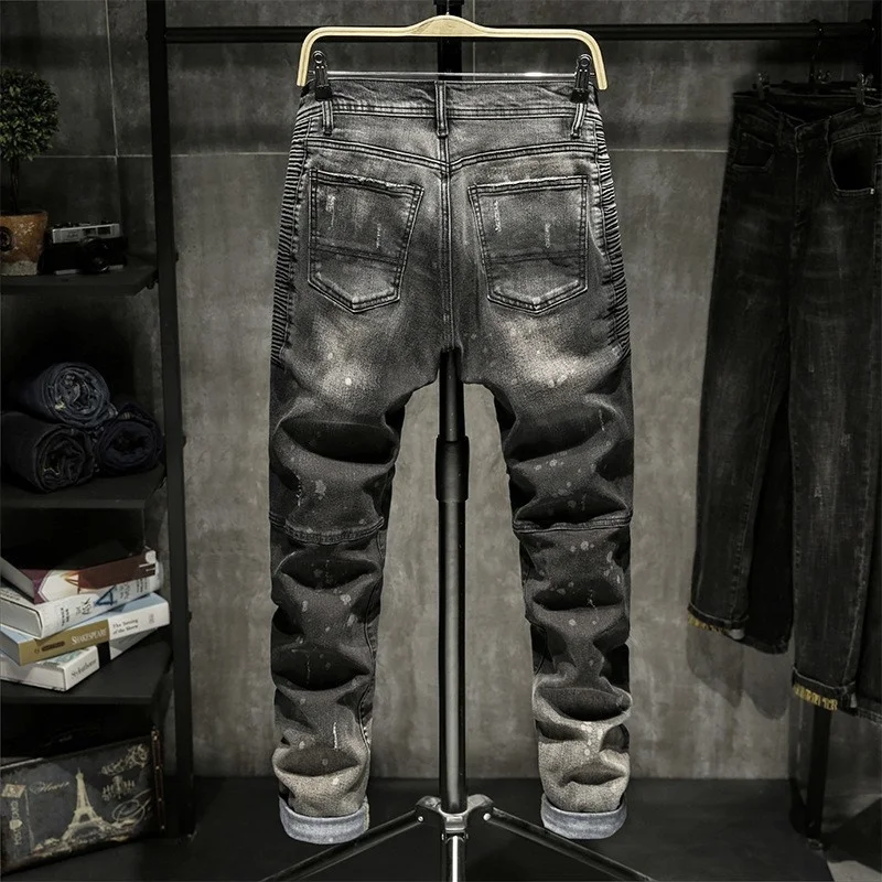 

Streetwear Mens Casual Biker Vintage Denim Pants Male Hole Ripped Motorcycle Distressed Slim Fit Patch Straight Jeans 38