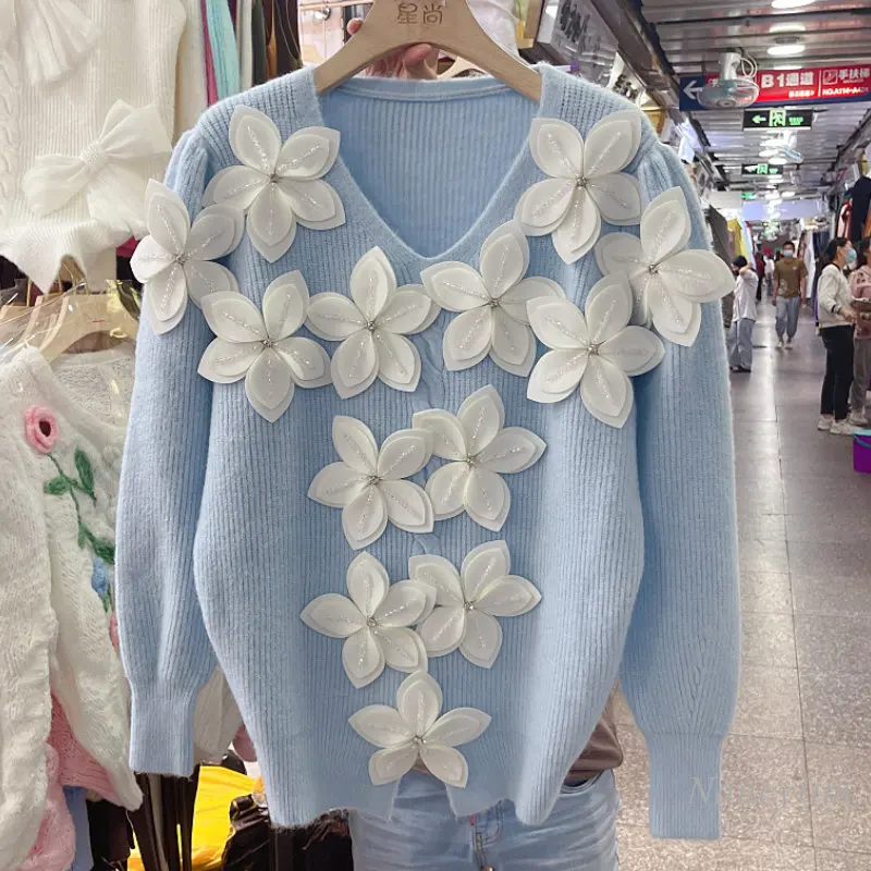 

Женский вязаный свитер с V-образным вырезом, Свободный пуловер с крупными бусинами и трехмерными лепестками, Однотонный свитер с разрезом, в...