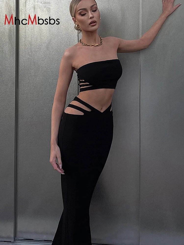 

Комплект из двух предметов, сексуальный укороченный Топ без бретелек и юбка-карандаш макси с высокой талией, летняя одежда в стиле панк и гр...