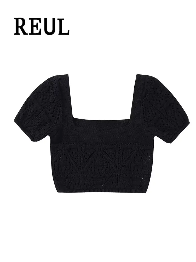 

REUL Fashion Jacquard Slim Fit Short Knit Sweater For Women Vintage Square Neck Short Sleeve Female Waistcoat Chic Top traf