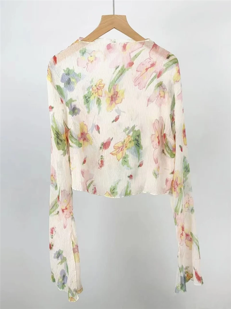 Корейская шифоновая короткая блузка с цветочным принтом элегантная женская
