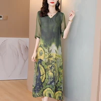 2022 loose casual mulberry silk maxi emerald green dress spring summer vintage 4xl plus size elegant women party vestidos