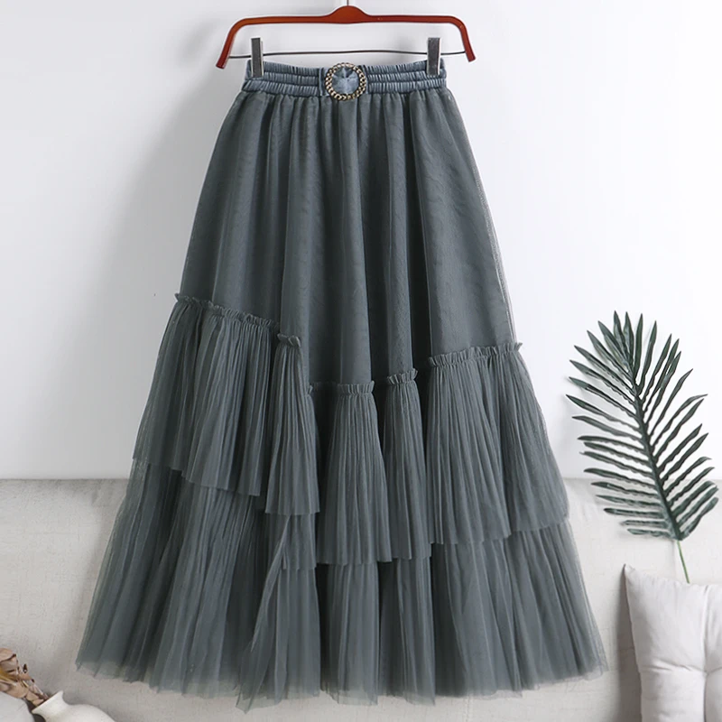 

Patchwork Mesh Skirts High Waist Elastic Jupe Mujer Faldas New Autumn Long Irregular Skirt Casual Women Clothes Dropshipping
