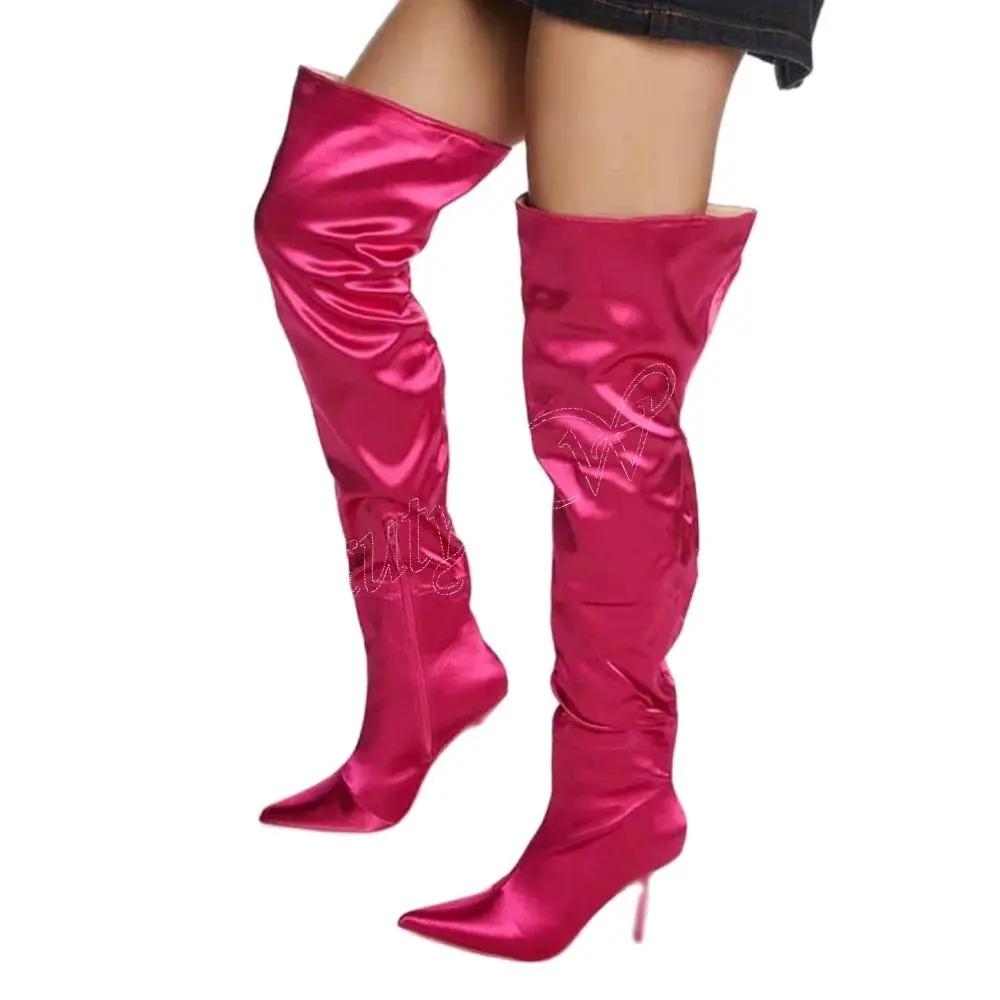 

Женские шелковые Сапоги выше колена, розовые однотонные сапоги на тонком каблуке-шпильке, модная обувь с круглым носком на высоком каблуке, 2023
