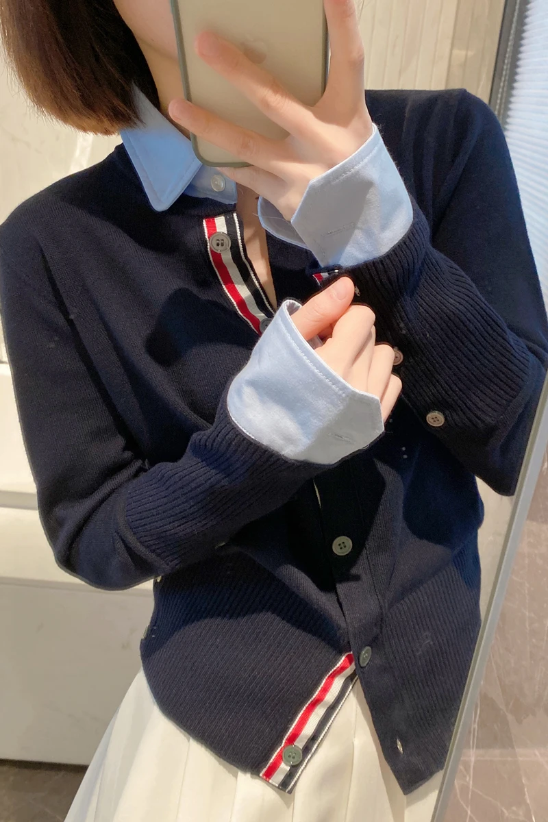 TB FAKE TWO WOOL V-NECK KNIT CARDIGAN SPRING AND AUTUMN NEW SLIM SHIRT COLLAR SMALL SWEATER COAT enlarge