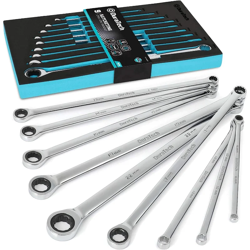 

DURATECH Extra Long Ratcheting Wrench Set, Combination Wrench Set, Metric, 9-Piece, 8,10,12,13,14,16,17,19,22mm, CR-V Steel