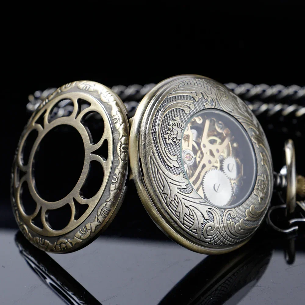 Ретро цветок полый скелет автоматические механические карманные часы мужские