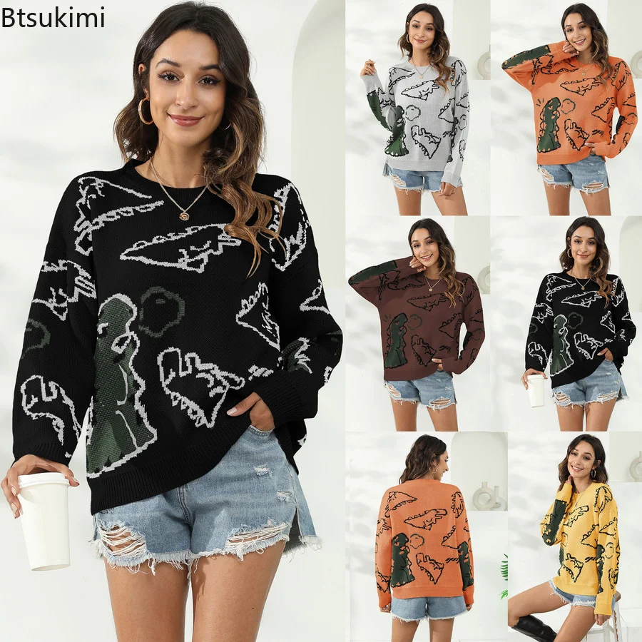 

New Women's Knitted Sweater for Autumn Winter Argyle Cartoon Dinosaur Print Long Sleeve Pullover Jumper Top Knitwear Female 2022