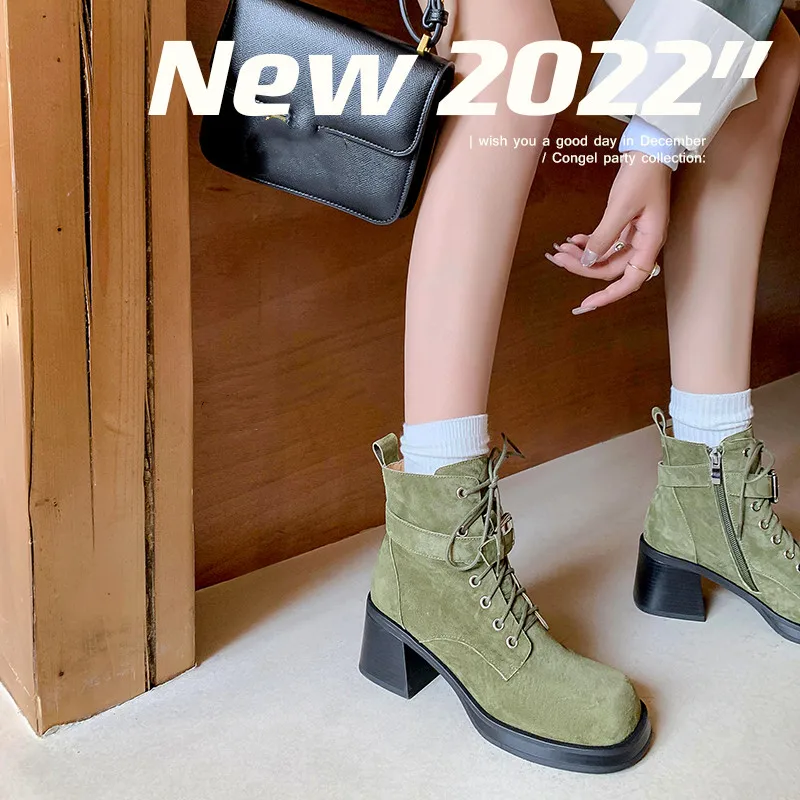 

MKKHOU Fashion Short Boots Women New High-Quality Leather Square Toe Belt Buckle Lace Martin Boots Thick High-Heeled Daily