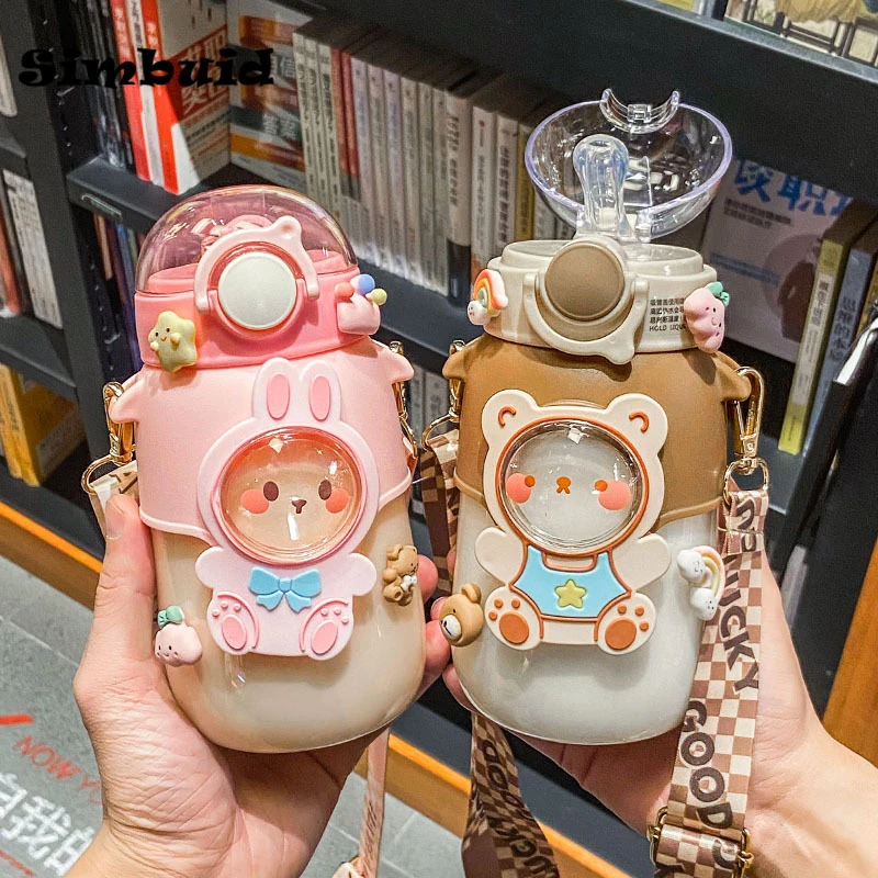 

700ml Kids Water Bottle Kawaii Plastic Cup with Lid and Straw Cute Cartoon Tumbler for School Girls Portable Leakproof Drinkware