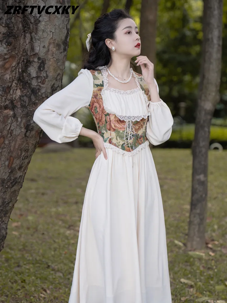 Vestidos de empalme con bordado de pintura al óleo Vintage para mujer, vestido elegante de cuello cuadrado con cordones, cintura alta, Primavera