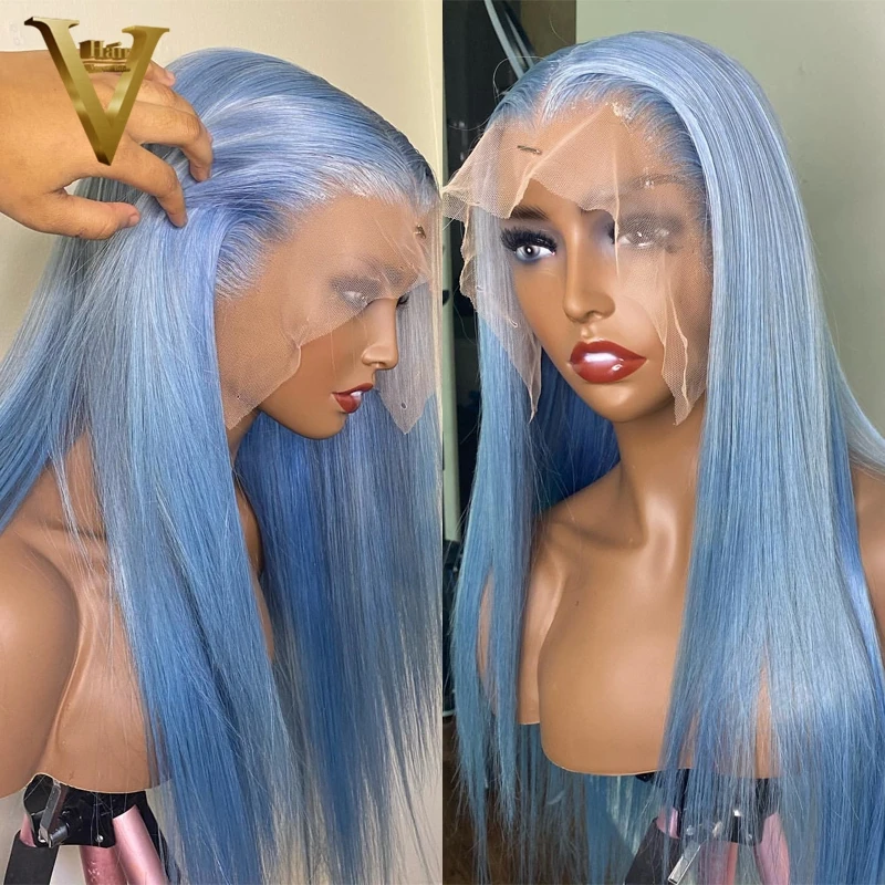 Парик женский прямой из натуральных волос светло-голубого цвета 30 дюймов 13x4