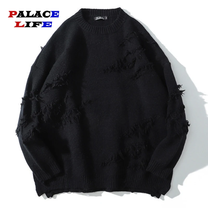 

Men Hip Hop Oversize Knitted Jumper Sweaters Ripped Streetwear Harajuku 2021 Autumn Hipster Casual Pullovers Blouse