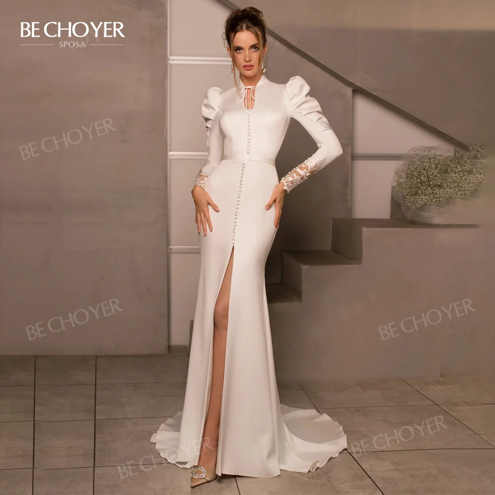 

Женское атласное платье-русалка, свадебное платье с длинным рукавом, на пуговицах, со шлейфом, для принцессы, HB66, 2023