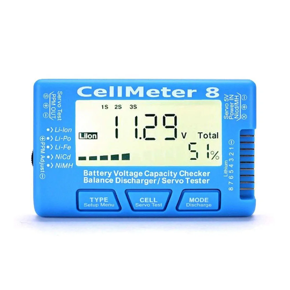 

CellMeter 8 AOK 8S Electric Display Steering Gear Test LCD Digital Battery Tester with Backlight for Li-Po Li-lon NiCd NiMH