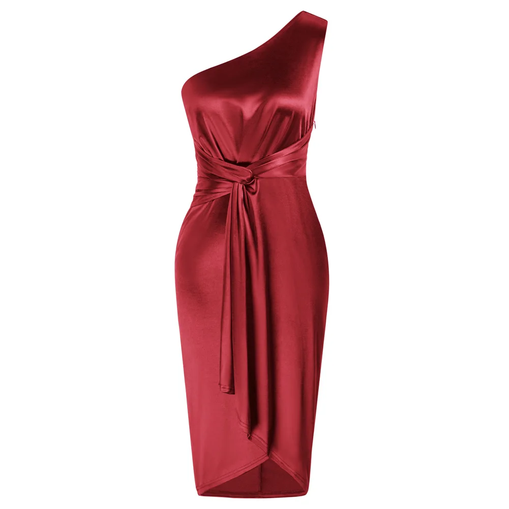 

GK Party Dresses Women Solid Vintage Knotted Party Dress Asymmetric Vestidos De Mujer Casual One Shoulder Irregular Hem Dress