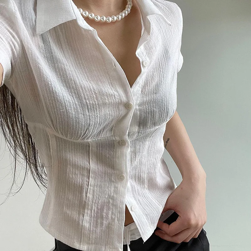 

Женская рубашка на пуговицах Y2K, белая тонкая Базовая Трикотажная жаккардовая блузка с отложным воротником и коротким рукавом, летние топы