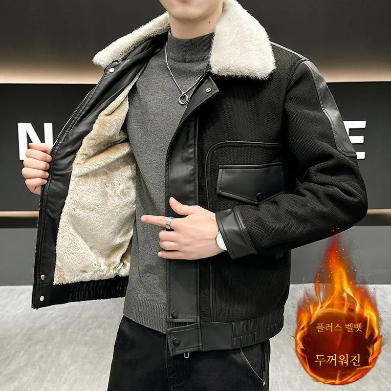 Мужское кожаное пальто молодежное зимнее модное на флисовой подкладке модная