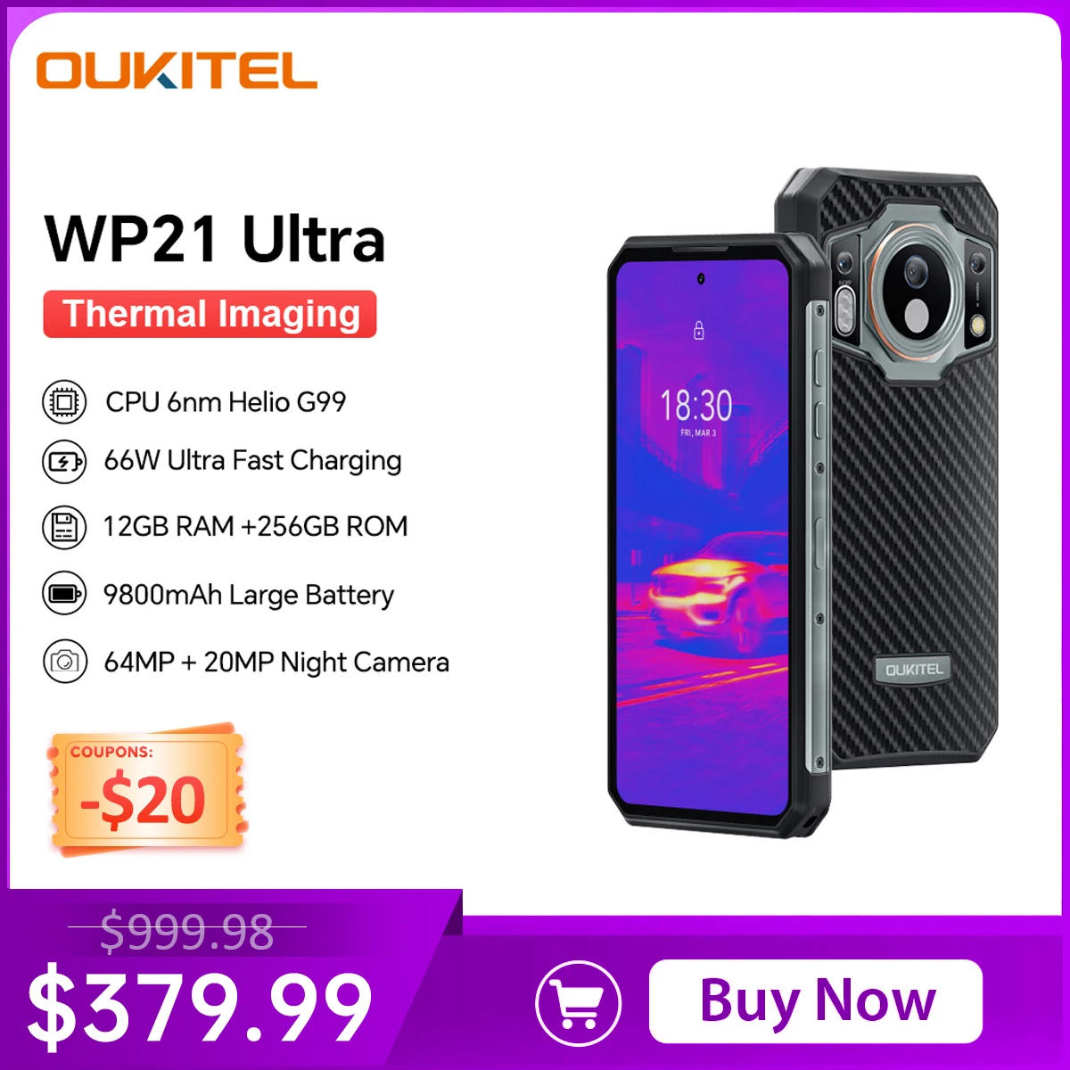 Oukitel WP21 Ultra Rugged Cell Phone 6.78' FHD+ 9800mAh Mobile Phone 12GB 256GB Mobile Phone 64MP Helio G99 Cell Phone 120Hz 66W