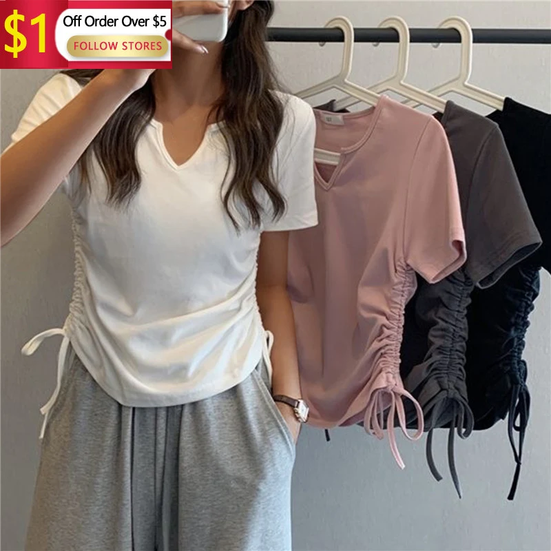 

Women'S Short Sleeve T-Shirt V-Neck Drawstring Slim Fit Pure Desire Wind Strap Solid Student Top Fashion Design Summer