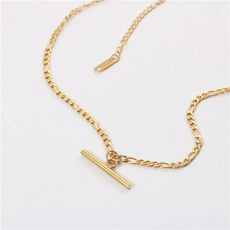 

PVD 18K Gold Plated T bar Figaro Chain Choker Necklace Stainless Steel Toggle Necklace Jewelry