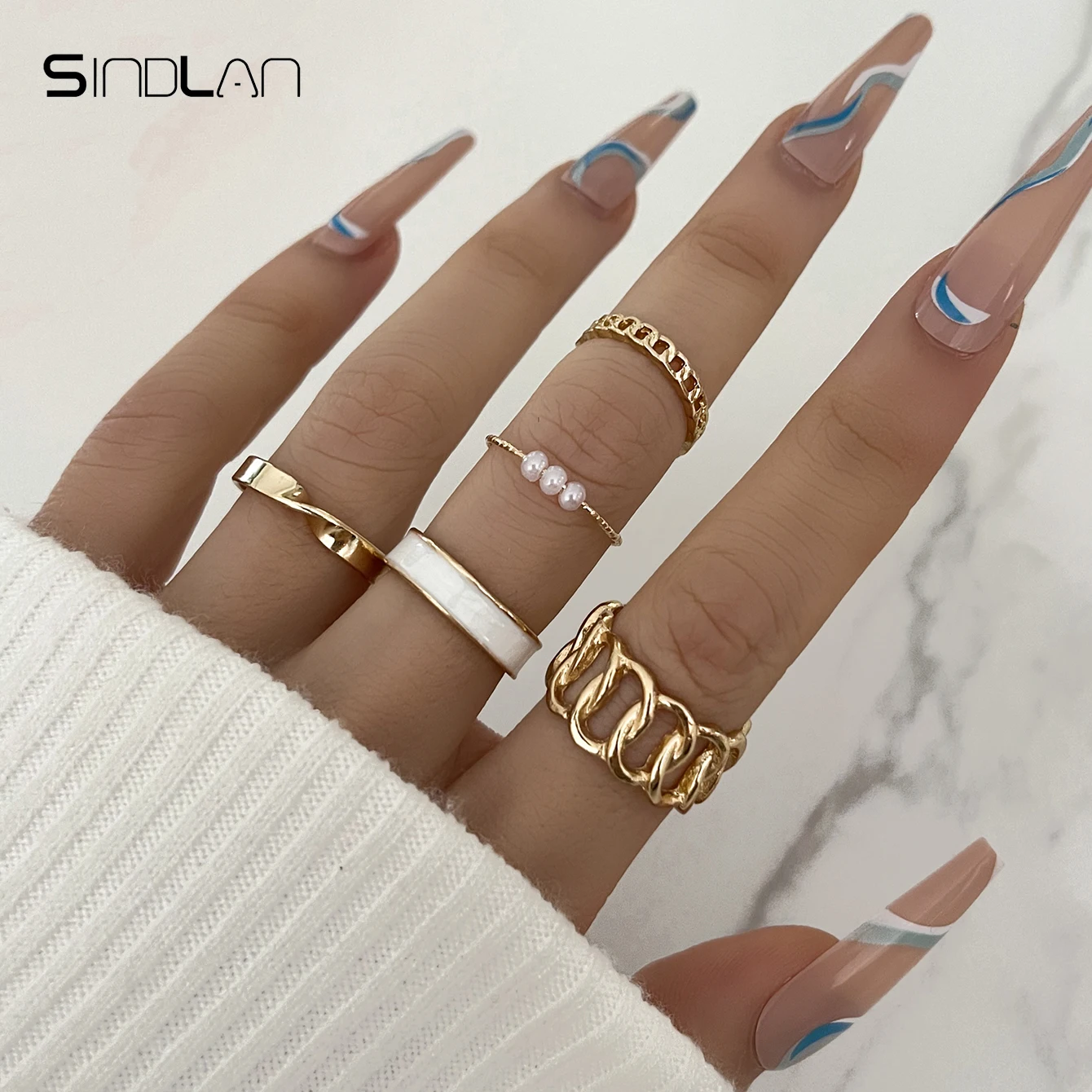 

Sindlan 5Pcs Vintage Pearl Gold Rings for Women Simple Geometric Open Ring Female Boho Fashion Jewelry Anillos Mujer Bague Femme