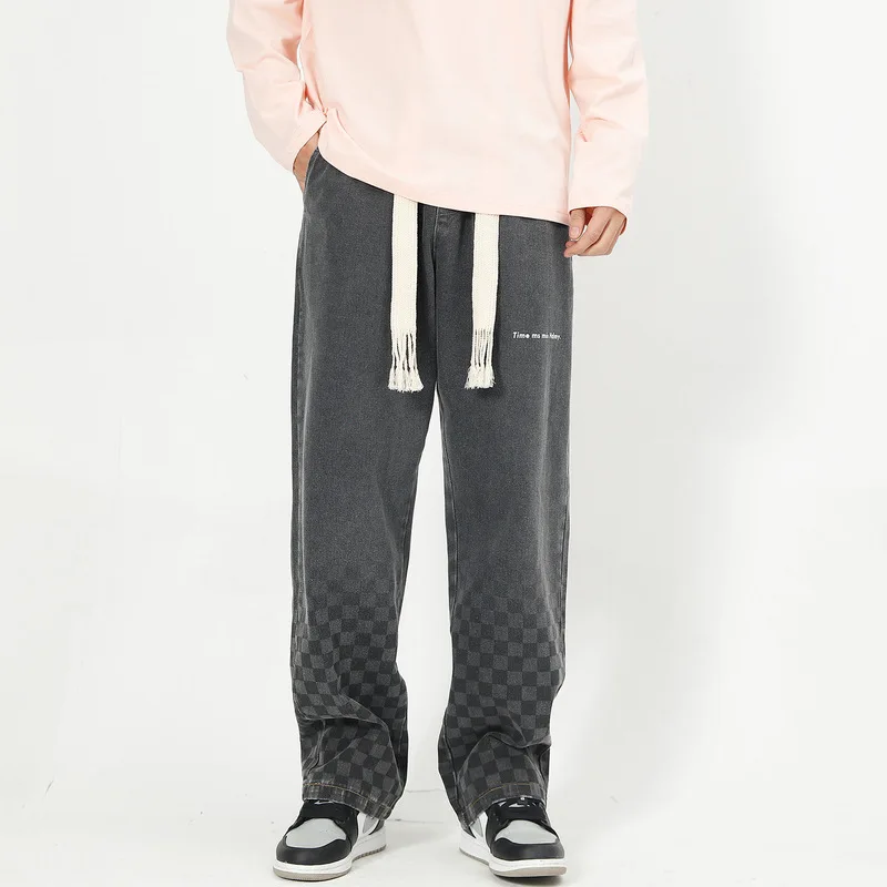 High Street Washed Gradient Plaid Printed Jeans Men's Wide Leg Pants Street Casual Straight Leg Jeans Pants Men's Street Men's