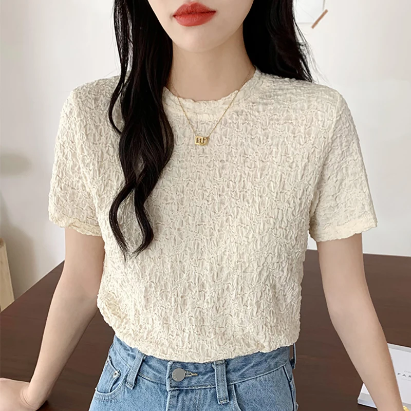 

2022 Summer Women's T-shirts Folds Solid Basic Casual Tops Female O Neck Slim Tshirt Short Sleeve All Match Tee Shirt Femme Top