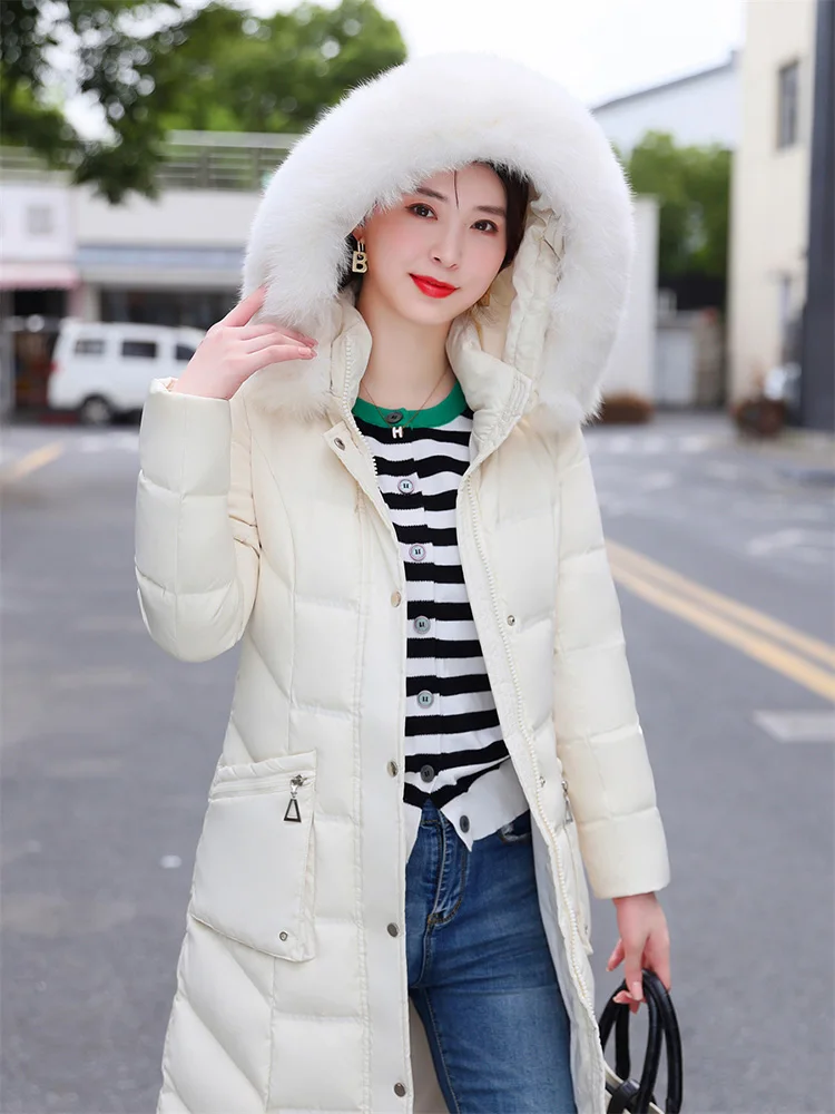 New Women Winter Down Coat Fashion Detachable Real Fox Fur Collar Thicken Slim Long Down Jacket White Duck Down Hooded Overcoat