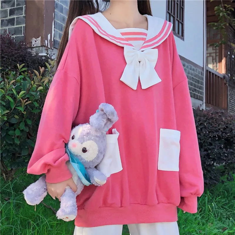 

Japanese Lolita Style Cute Women Bowknot Sweatshirts Kawaii Rabbit Long Ears Sailor Collar Hoodies Oversized Loose Pullovers Top