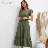 keby zj womens summer long dress female clothing sleeveless buttons design elastic waist maxi dress casual party elegant dress