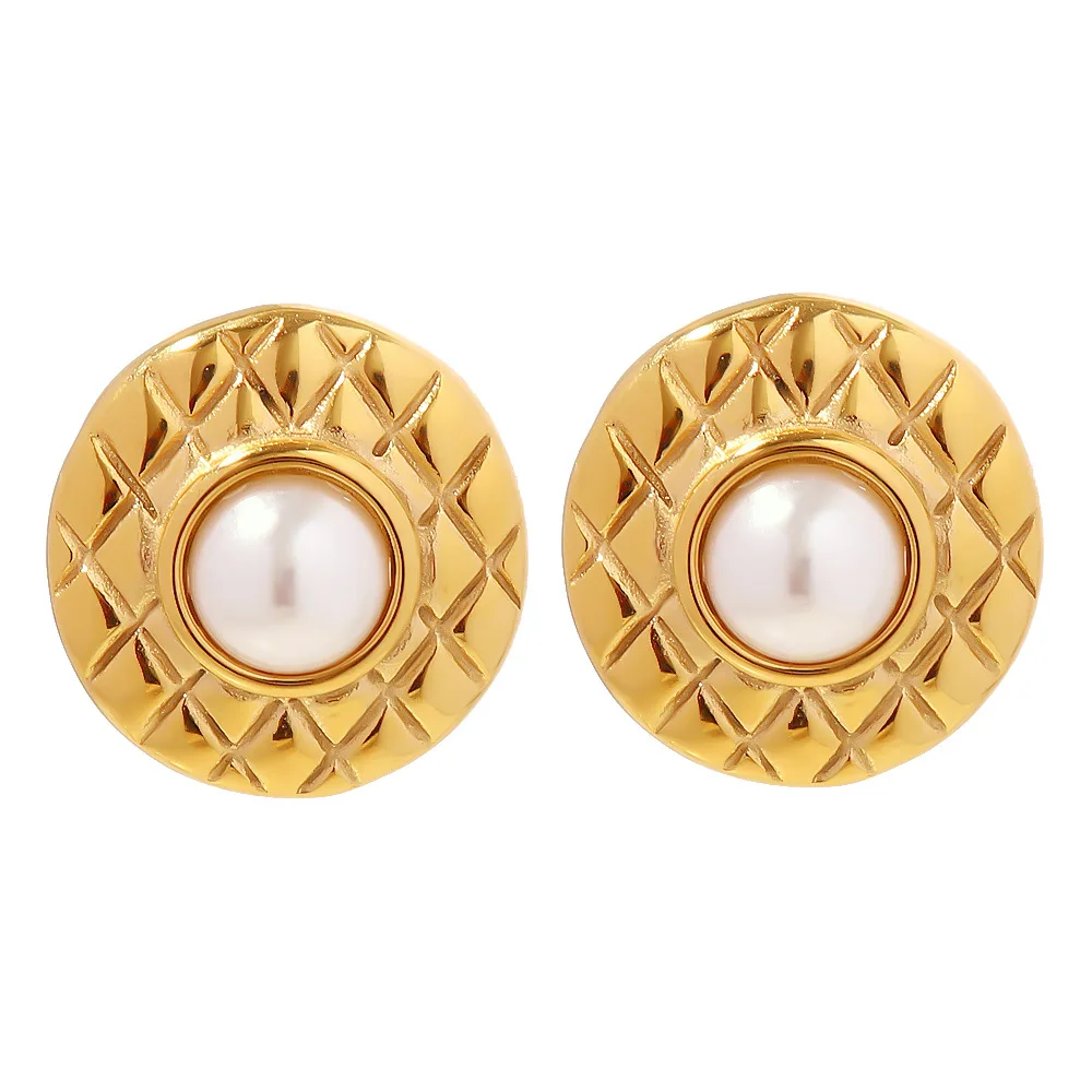Stainless Steel PVD 18K Gold Plated Tarnish Waterproof Pearl Inlay Button Stud Earring Woman Jewelry Wholesale Trendy