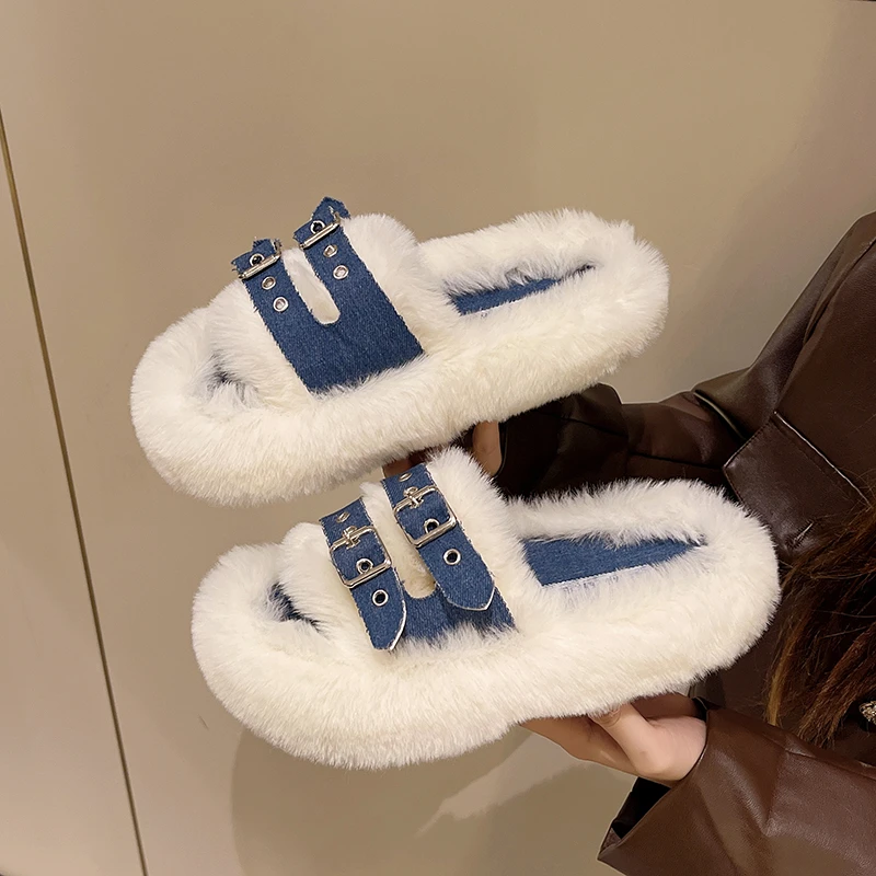 

House Slippers Platform Fur Fasion Flock Slides Women Plush Flat 2024 Rubber Fur Short Flock Shoes Flip Flops Zapatos De Mujer1