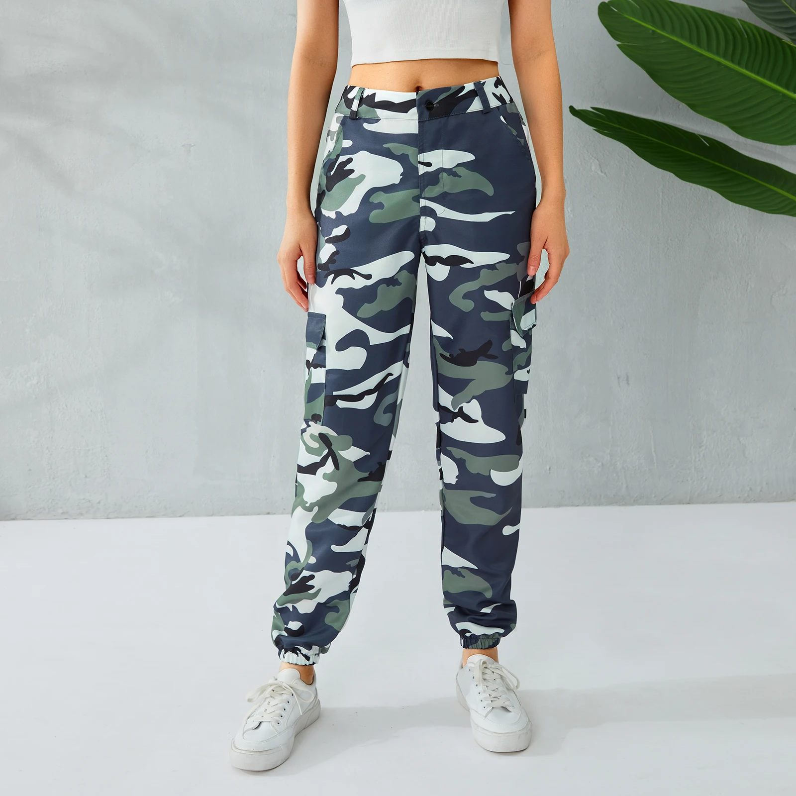 

Женские камуфляжные брюки с высокой талией, модные брюки-штаны до щиколотки, спортивные брюки, хлопковая уличная одежда, камуфляжные брюки