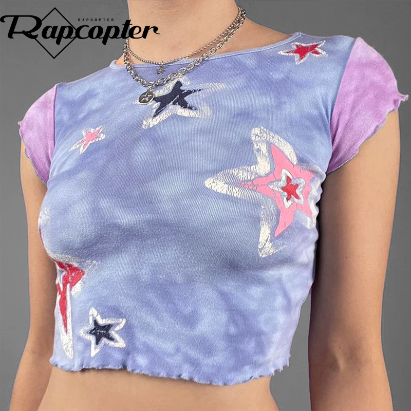 

Rapcopter y2k Star Print Crop Top O Neck Patchwork Short Sleeve T Shirt Women Cute Harajuku Chic Pullovers Korean Summer Tee 90s