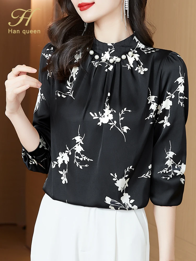 

H Han Queen New Arrival Fashion Beading Shirt Womens Blouse Vintage Print Work Casual Tops Chiffon Blouse Elegant Loose Shirts