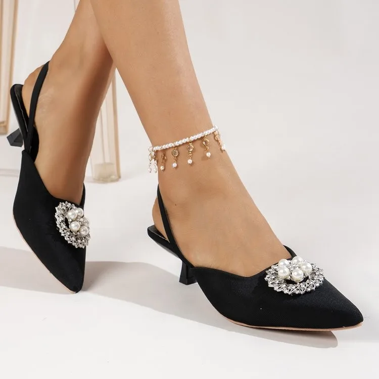 

2022 New Women's Shoes Pointed Toe Shallow Heel Nude Pink Diamond Shoes Low Heel Lace-up Shoes Women's Party Shoes