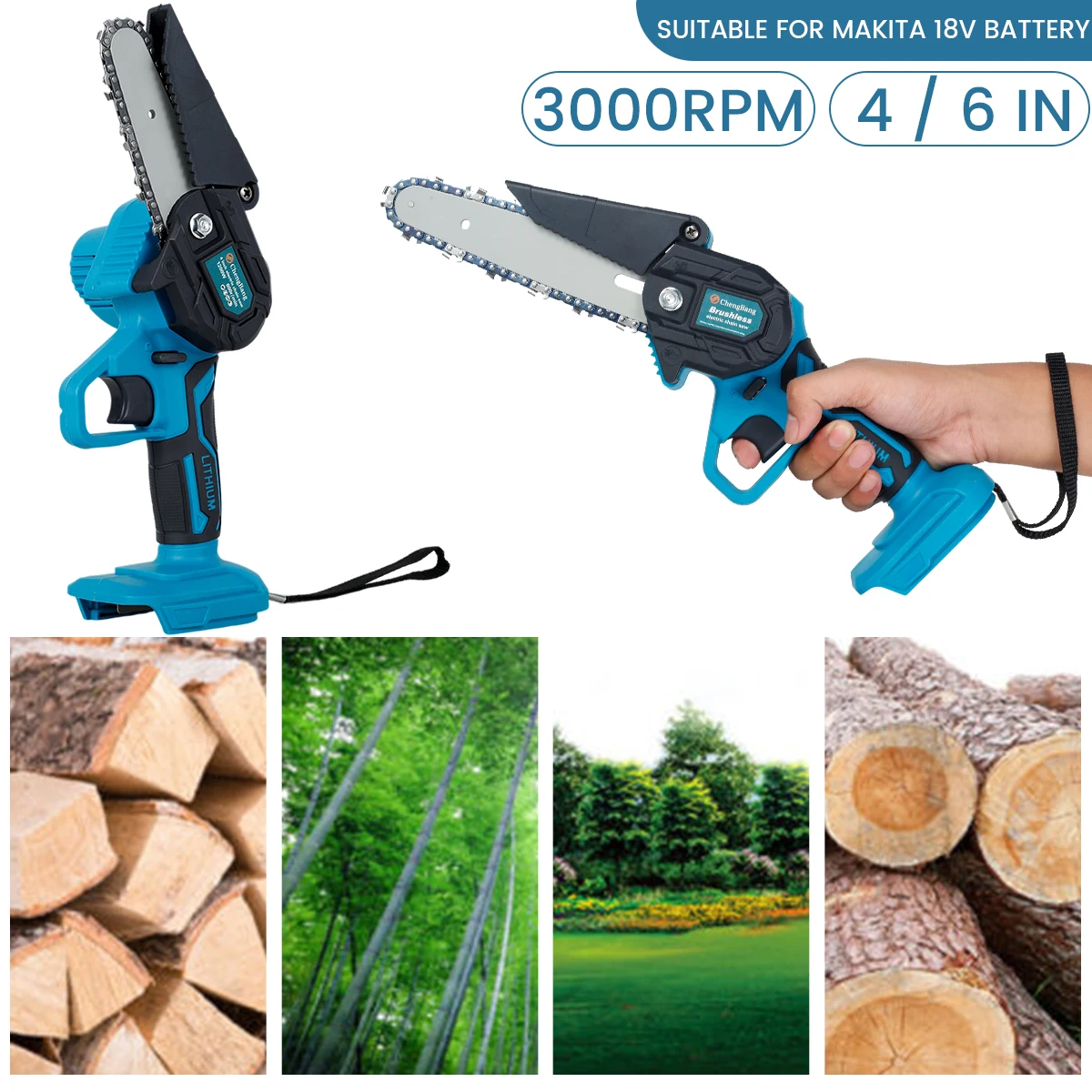 

New Cordless Chainsaw 6''/4'' Electric Chainsaw Reusable Wood Cutter Saw Compatible with Makita 18V Battery Portable Handheld