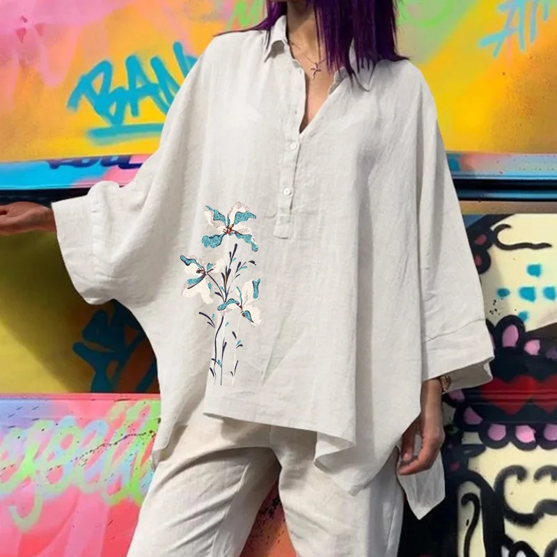 

Oversized Summer Autumn Women Blouse Batwing Sleeve V-neck Cotton Linen Blouse Large Size 5XL Vintage Shirts Top Casual Mujer