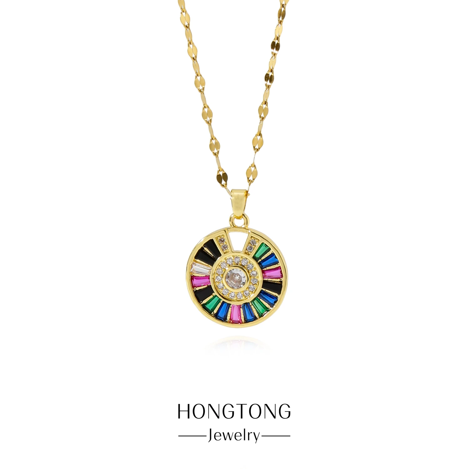 

HONGTONG Europe And America New Fashion Round Pendant Color Zircon Gold Plated Accessories Factory Direct Sales