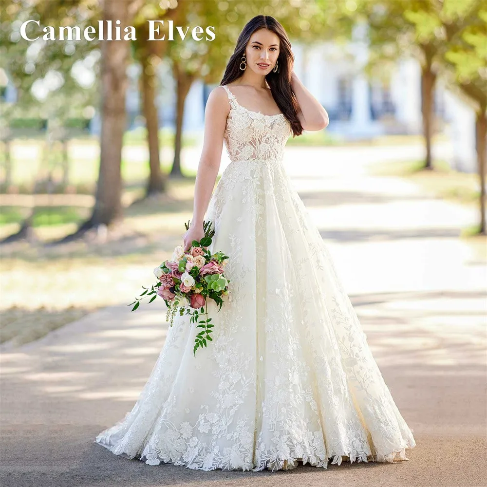 

Elegant Boho Square Collar A Line Wedding Dresses Bridal Robes Lace Applique Backless Bride Gowns New Buttons Vestidos De Noiva